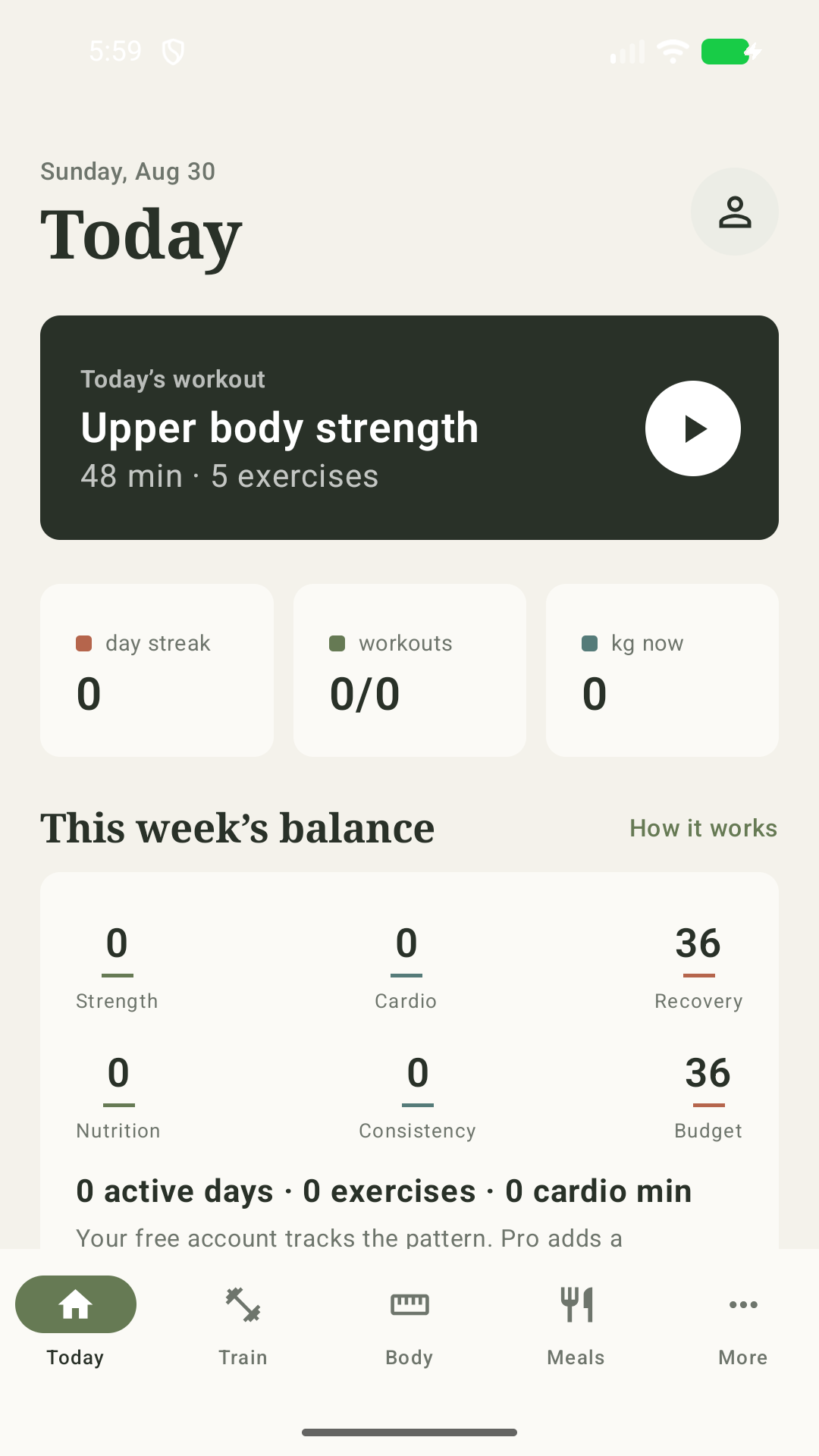 LeanLedger Android fitness dashboard with workout, body and nutrition tracking